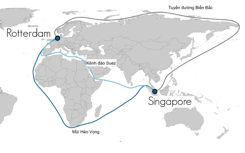 Bản đồ so sánh lộ trình tàu biển qua Suez và Mũi Hảo Vọng, minh họa xung đột Trung Đông ảnh hưởng logistics và hành trình vận tải quốc tế