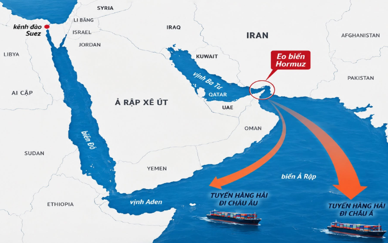 Bản đồ kỹ thuật số vị trí eo biển Hormuz trên tuyến vận tải đường biển quốc tế Trung Đông