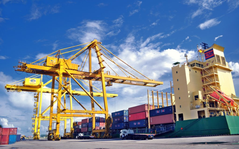 Cận cảnh cần cẩu bốc dỡ container tại cảng nước sâu Việt Nam, thể hiện hạ tầng logistics mạnh mẽ để đạt mục tiêu top 40 logistics toàn cầu.