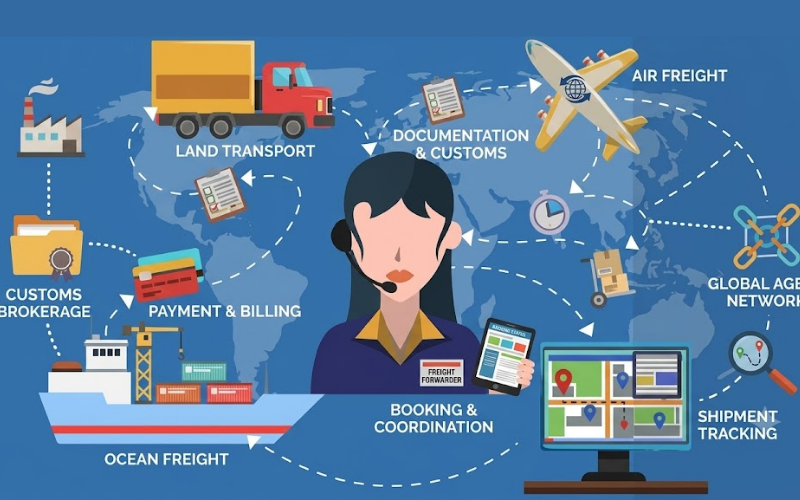 Chuyên viên của công ty Freight Forwarder đang tư vấn thủ tục hải quan và điều phối chuỗi cung ứng
