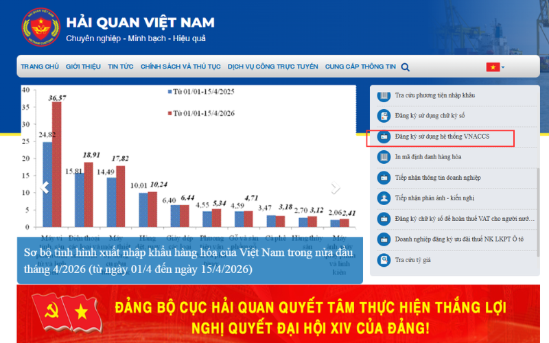 Giao diện đăng ký sử dụng hệ thống VNACCS trên website Tổng cục Hải quan để khai báo hải quan hàng nhập khẩu