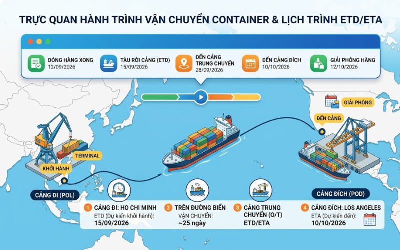 Forwarder service updating ETD ETA schedules and coordinating communication throughout shipment journey