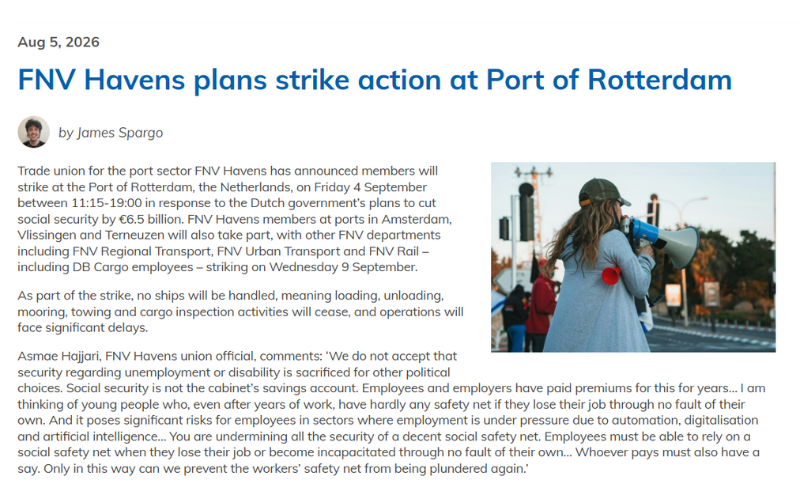 FNV Havens trade union confirms Dutch port strike plan causing shipping disruptions.