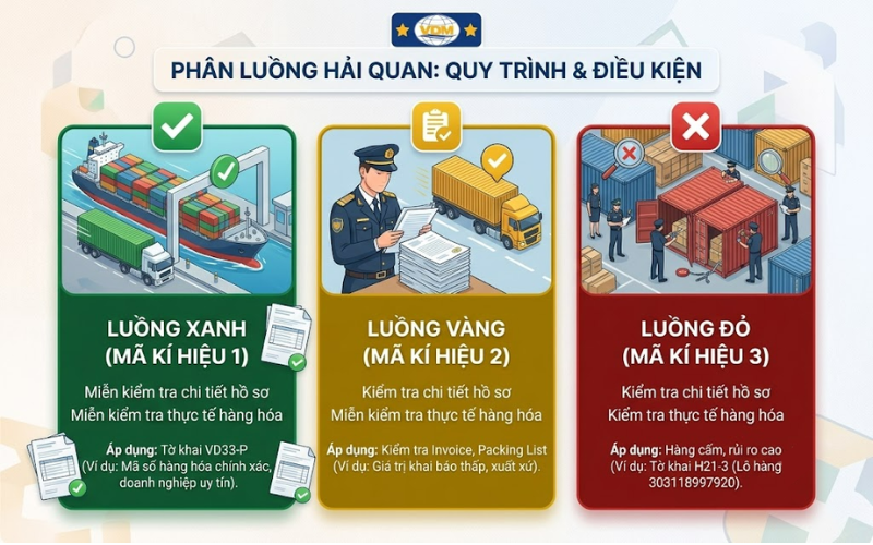 Hình ảnh minh họa ba màu phân luồng hải quan xanh vàng đỏ và quy trình kiểm tra đối với hàng hóa xuất nhập khẩu