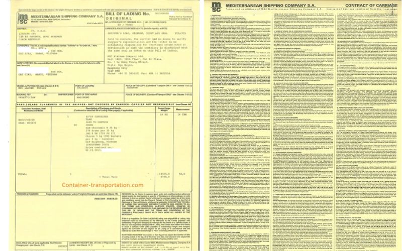 Các điều khoản mặt sau của Bill of Lading làm chứng cứ cho hợp đồng vận chuyển đường biển.