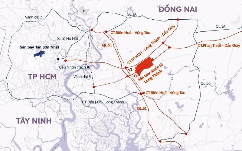 Bản đồ những tuyến đường kết nối TP.HCM và các tỉnh đến sân bay Long Thành