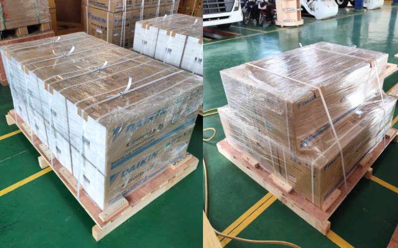 Cận cảnh kiện hàng carton được đóng gói chắc chắn trên pallet gỗ, quấn màng co để đảm bảo an toàn khi vận tải container.