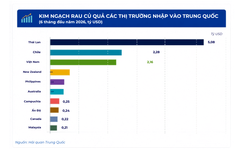 Kim ngạch xuất khẩu rau quả Việt Nam sang Trung Quốc so với Thái Lan và Chile