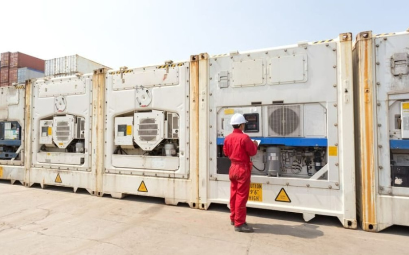Kỹ thuật viên đang kiểm tra PTI và cài đặt nhiệt độ cho container lạnh trước khi đóng hàng.