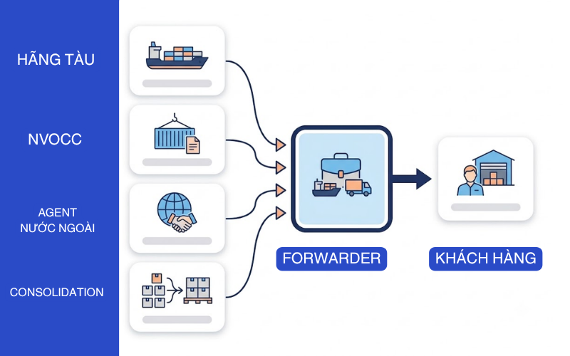 Sơ đồ nguồn giá đầu vào từ hãng tàu NVOCC agent và consolidator khi so sánh báo giá forwarder