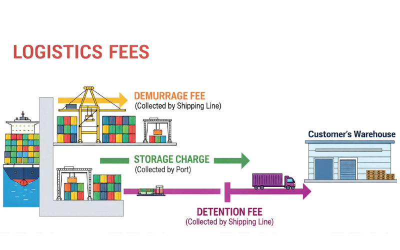 Sơ đồ Phân Biệt Các Loại Phí Logistics Trong Vận Tải Container: Demurrage (Lưu Bãi) Hãng Tàu Thu, Storage (Lưu Kho Bãi) Cảng Thu, Và Detention (Lưu Vỏ Ngoài Cảng) Hãng Tàu Thu, Kéo Dài Từ Cảng Đến Kho Khách Hàng.