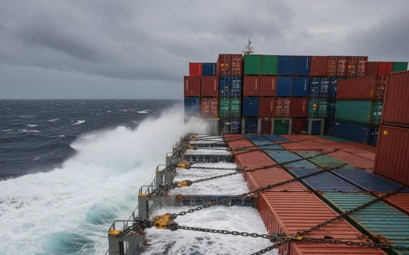 Sóng biển đánh vào container trên boong tàu, rủi ro hàng hóa khi biển động.