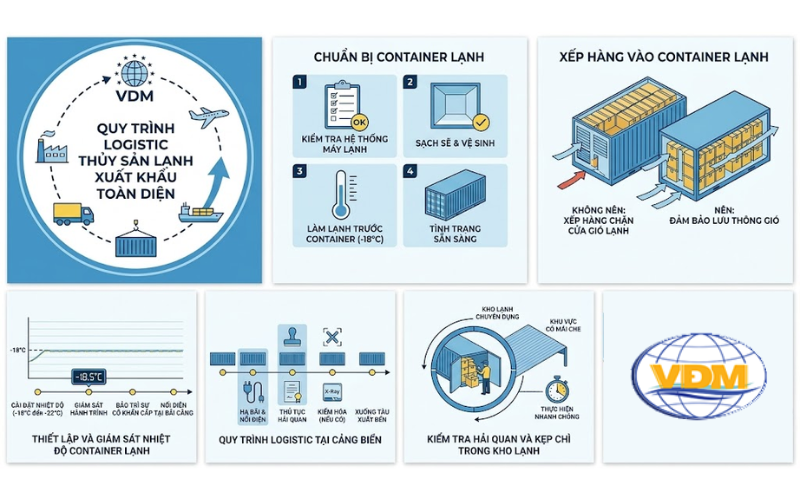 Sơ đồ chuỗi cung ứng lạnh và Quy trình Logistic cho thủy sản xuất khẩu do VDM Forwarder thực hiện
