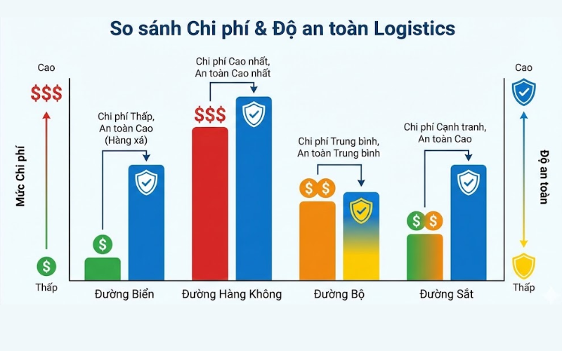 Biểu đồ so sánh chi phí và độ an toàn khi chọn loại hình vận tải logistics