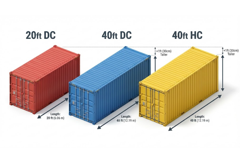 Hình ảnh so sánh kích thước các loại container phổ biến: container 20ft DC, container 40ft DC và container 40ft HC High Cube, hiển thị chiều dài và chiều cao bổ sung phục vụ vận tải hàng hóa bằng đường biển