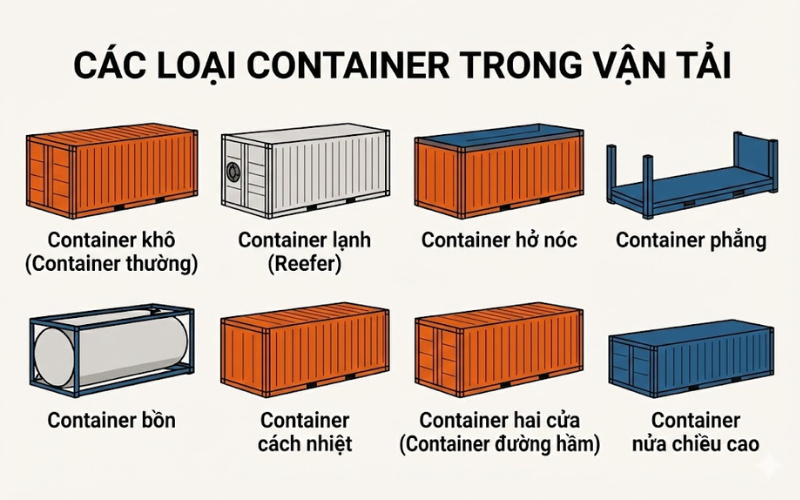 Bảng phân loại các container phổ biến gồm container khô, lạnh, hở nóc, bồn và flat rack trong vận tải đường biển.