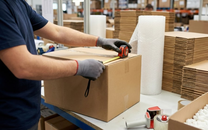 Nhân viên kho đang đo đạc kích thước và đóng gói kiện hàng một cách tối ưu để giảm trọng lượng, tiết kiệm cước phí vận chuyển đường hàng không.