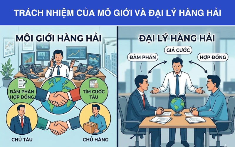Biểu đồ so sánh chi tiết trách nhiệm của môi giới hàng hải và đại lý hàng hải trong chuỗi cung ứng