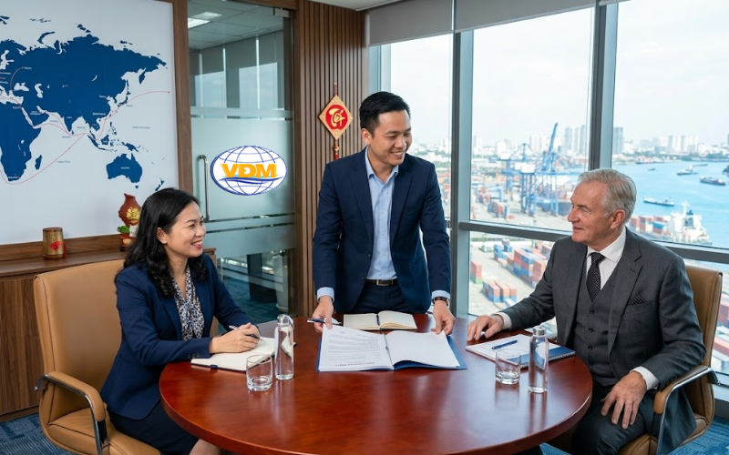 Hình ảnh môi giới hàng hải đang kết nối và đàm phán hợp đồng giữa chủ tàu và chủ hàng