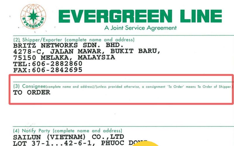 Vận đơn theo lệnh (Bill of Lading) có dấu ký hậu để chuyển nhượng quyền sở hữu.