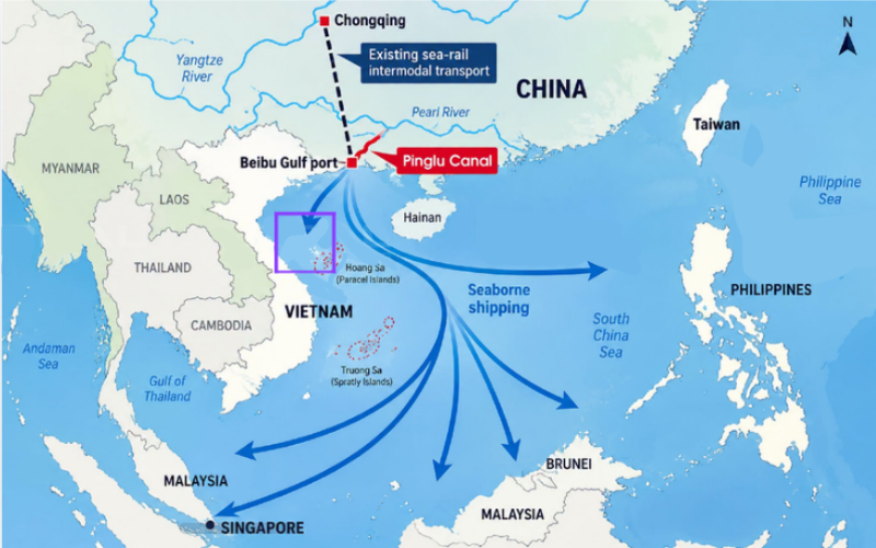 Map showing the location of the Pinglu Canal in Guangxi China