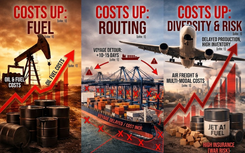 Hình ảnh so sánh chi phí vận tải đường biển và vận tải hàng không, thể hiện dự báo chi phí logistics tăng do xung đột Trung Đông.